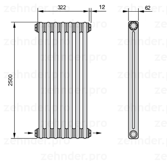 Схема (чертеж) Радиатор Zehnder Charleston 2250/7 №2670 Белый глянцевый RAL 9016
